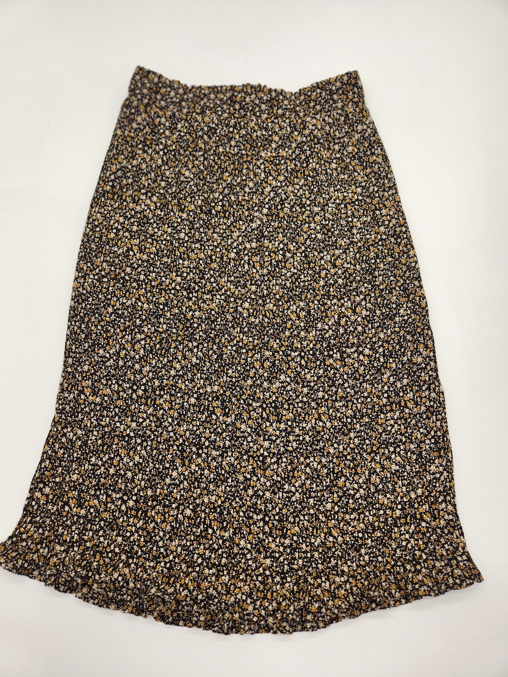 Pleione Anthropologie Floral Pleated Midi Skirt XS Black Mustard Ruffle Hem